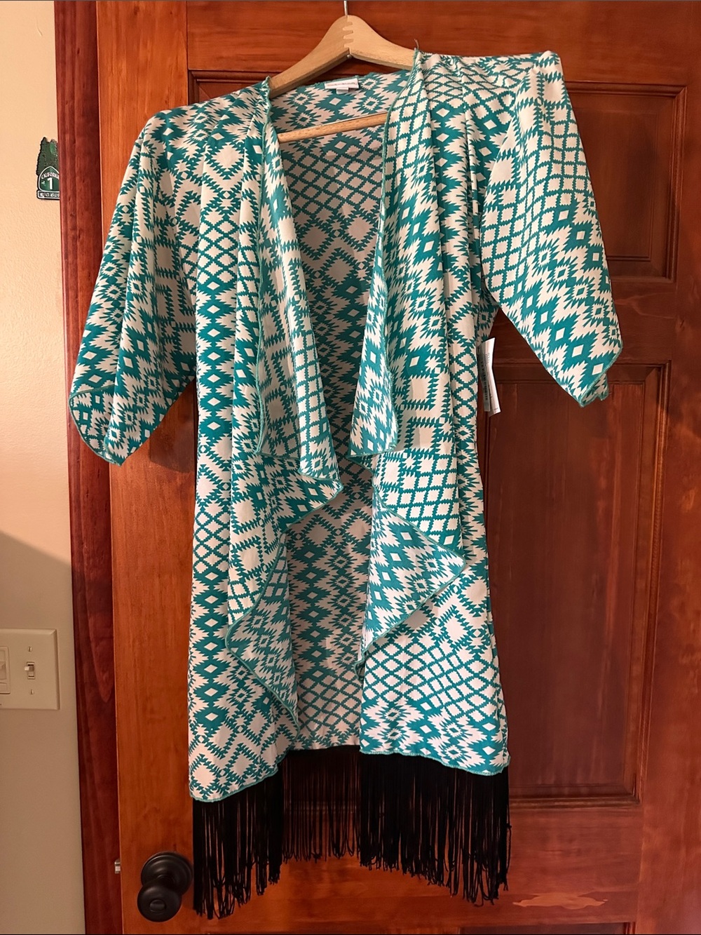 LuLaRoe Teal and White Geometric Open Front Kimono with Black Fringe
